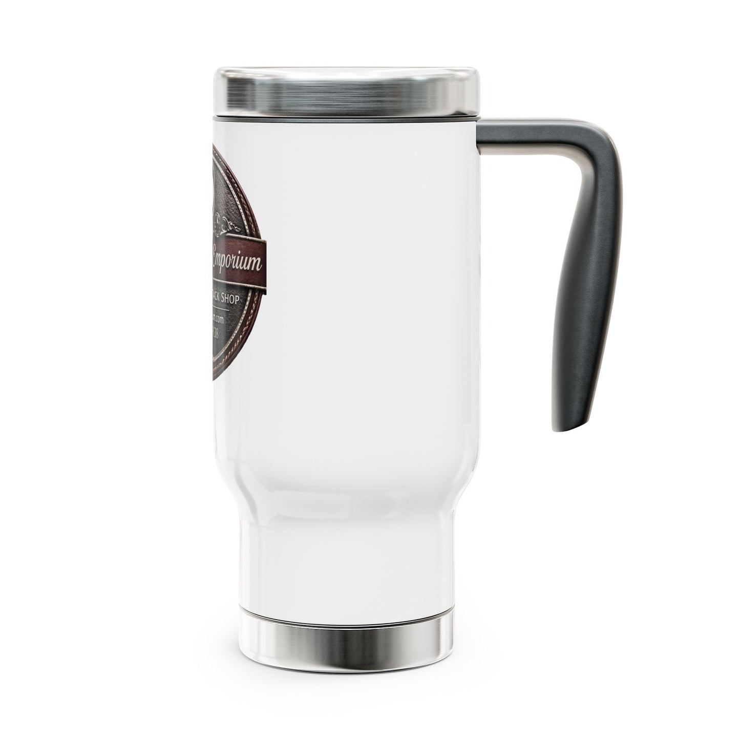 Rider's Emporium Leather Stamp Travel Mug — 14oz Stainless Steel with Handle