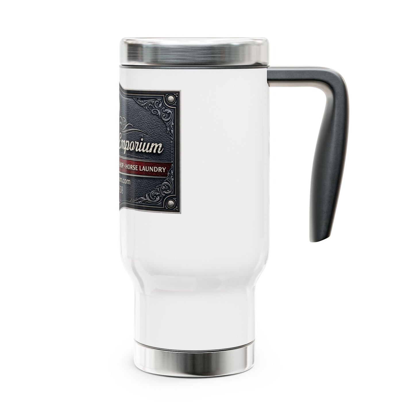 Rider's Emporium Stainless Steel Travel Mug with Handle — 14oz Equestrian Logo Tumbler