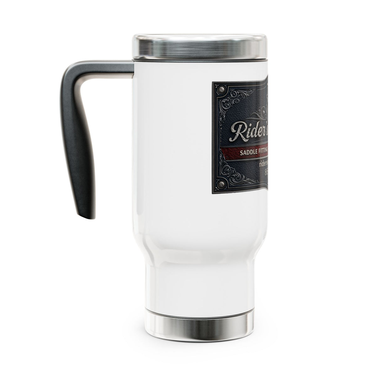 Rider's Emporium Stainless Steel Travel Mug with Handle — 14oz Equestrian Logo Tumbler