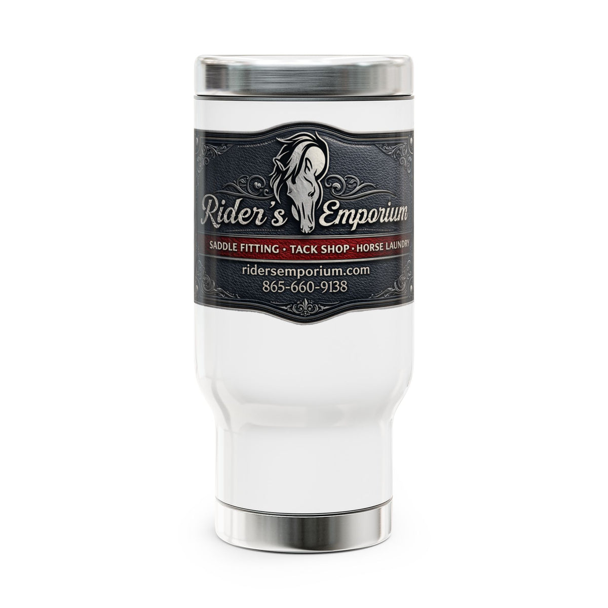 Rider's Emporium Stainless Steel Travel Mug with Handle — 14oz Equestrian Logo Tumbler