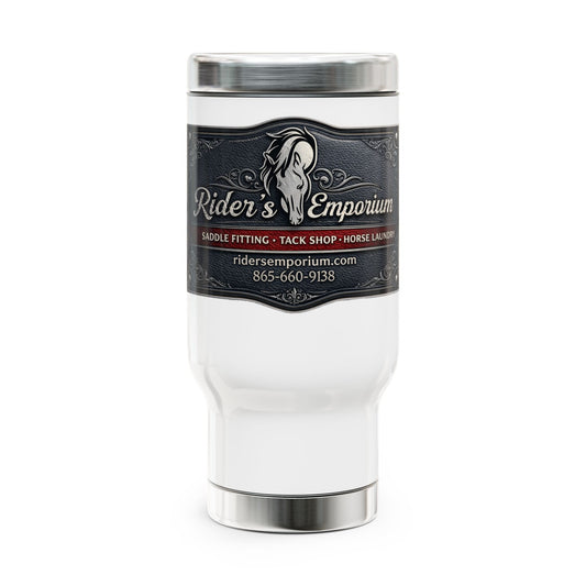 Rider's Emporium Stainless Steel Travel Mug with Handle — 14oz Equestrian Logo Tumbler