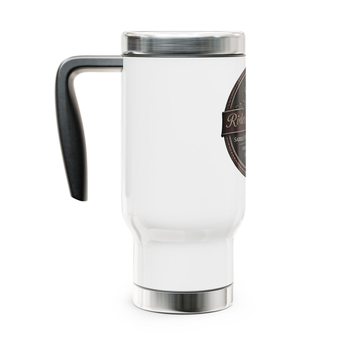 Rider's Emporium Leather Stamp Travel Mug — 14oz Stainless Steel with Handle