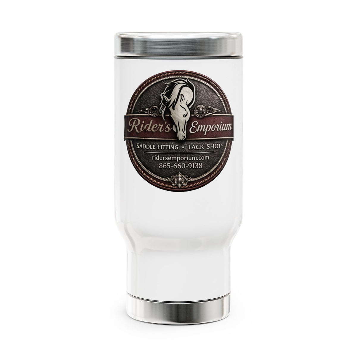 Rider's Emporium Leather Stamp Travel Mug — 14oz Stainless Steel with Handle